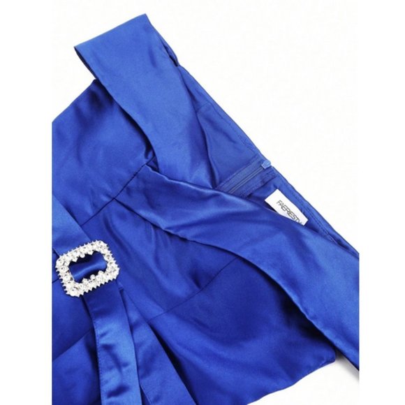 Chic Off Shoulder Boxy Pleated Split Thigh Prom Maxi Dress Blue - Picture 6 of 9